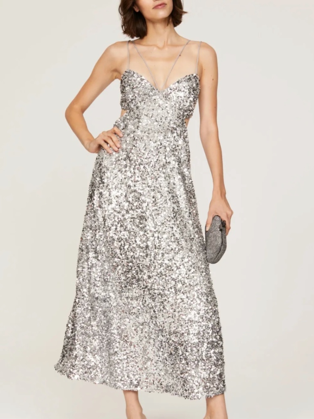 SACHIN BABI Roux Dress Gold Sequin V-Neck Evening Gown Elegant Sparkle